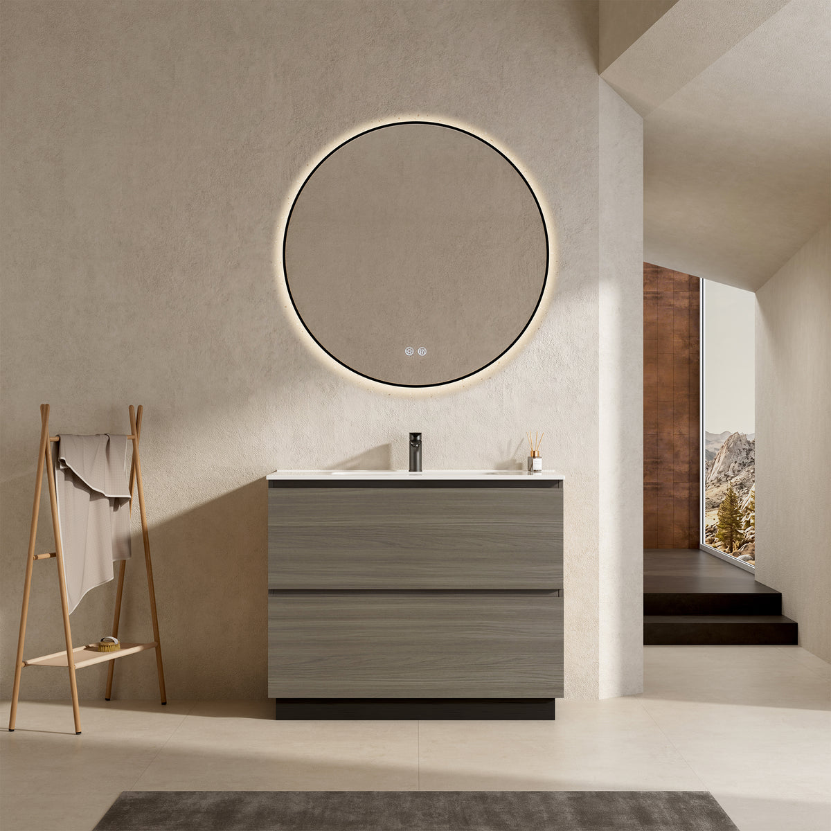 Mobile bagno a Terra 100 cm Beige Lavabo in Ceramica Specchio Tondo Retroilluminato Profilo Nero - Nube Wood
