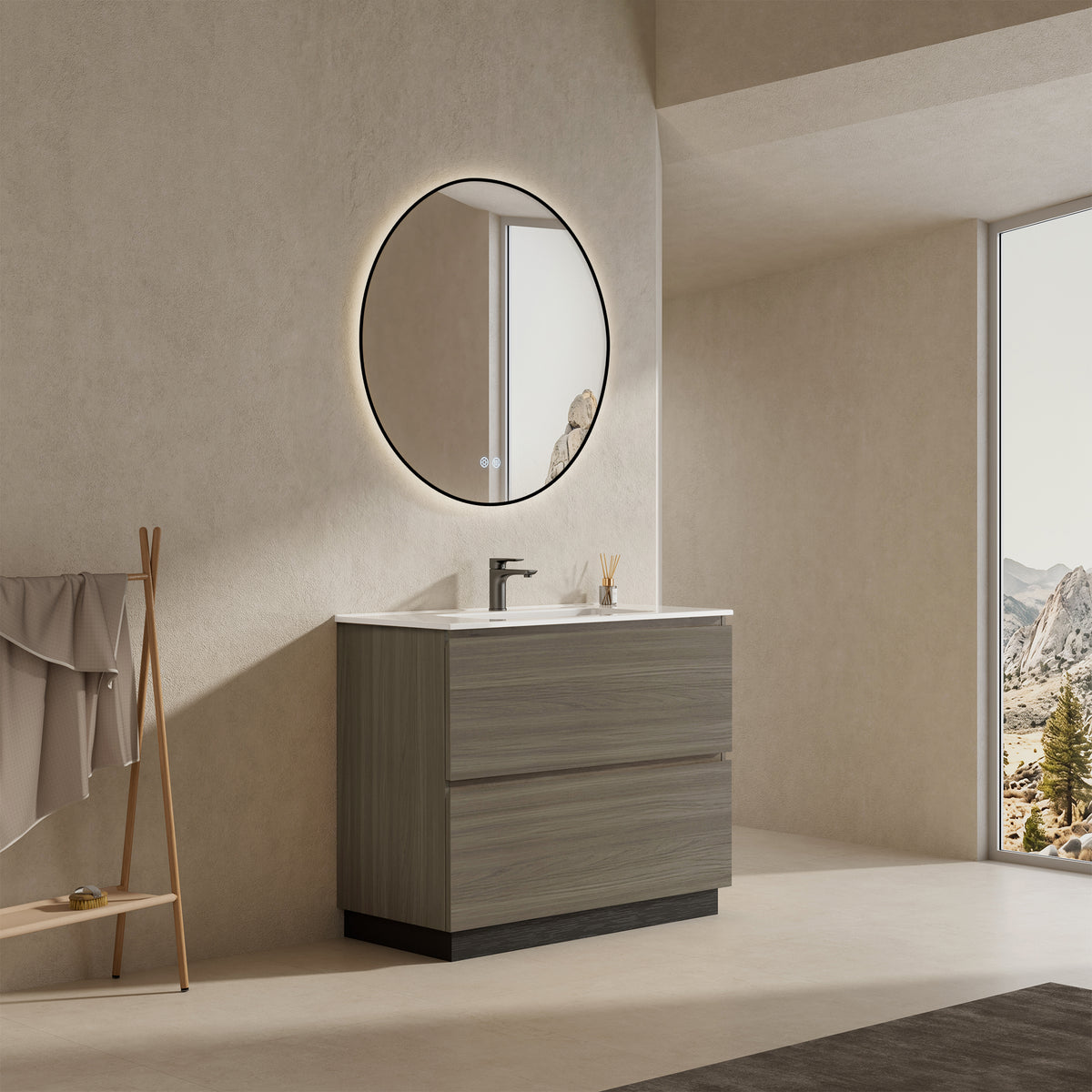 Mobile bagno a Terra 100 cm Beige Lavabo in Ceramica Specchio Tondo Retroilluminato Profilo Nero - Nube Wood