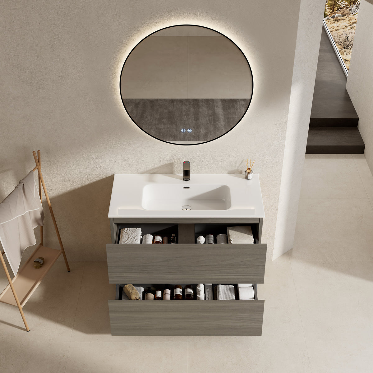 Mobile bagno a Terra 100 cm Beige Lavabo in Ceramica Specchio Tondo Retroilluminato Profilo Nero - Nube Wood