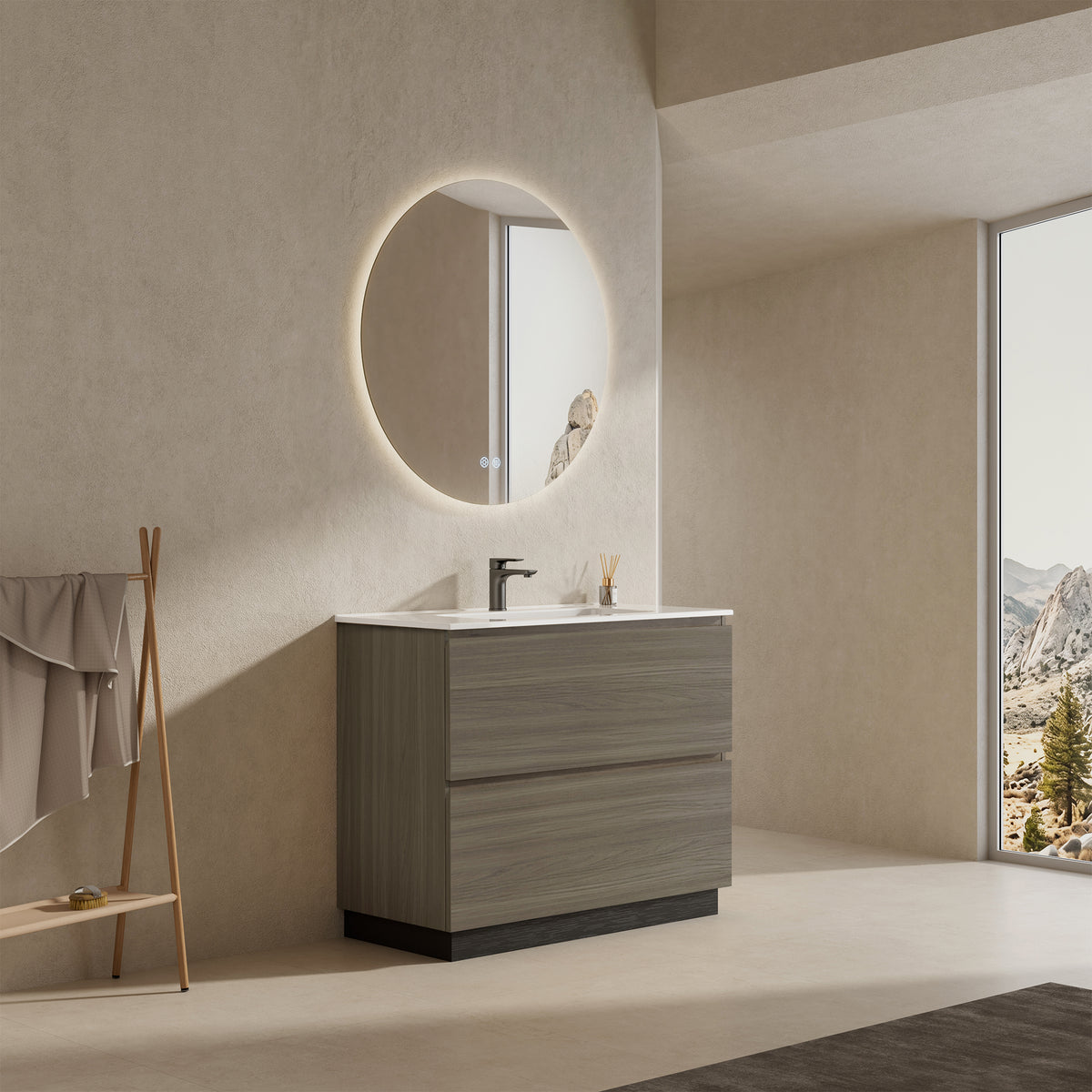 Mobile bagno a Terra 80 cm Beige Lavabo in Ceramica Specchio Quadro - Nube Wood