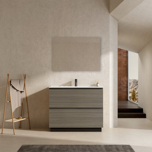 Mobile bagno a Terra 100 cm Beige Lavabo in Ceramica Specchio Tondo Retroilluminato - Nube Wood