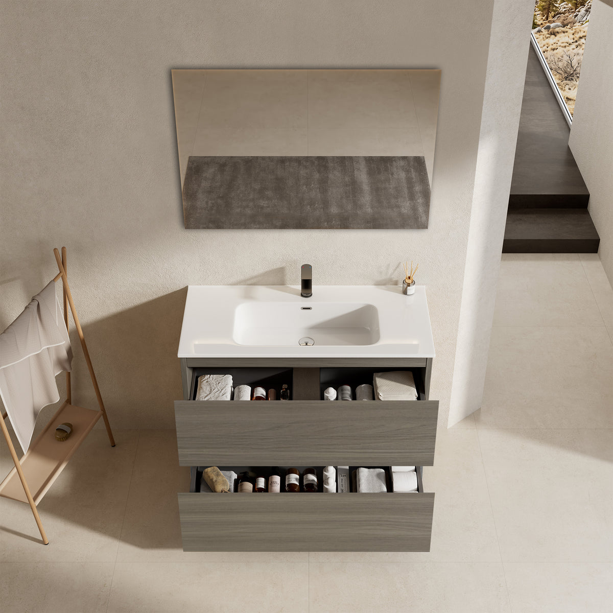 Mobile bagno a Terra 80 cm Beige Lavabo in Ceramica Specchio Tondo Retroilluminato - Nube Wood