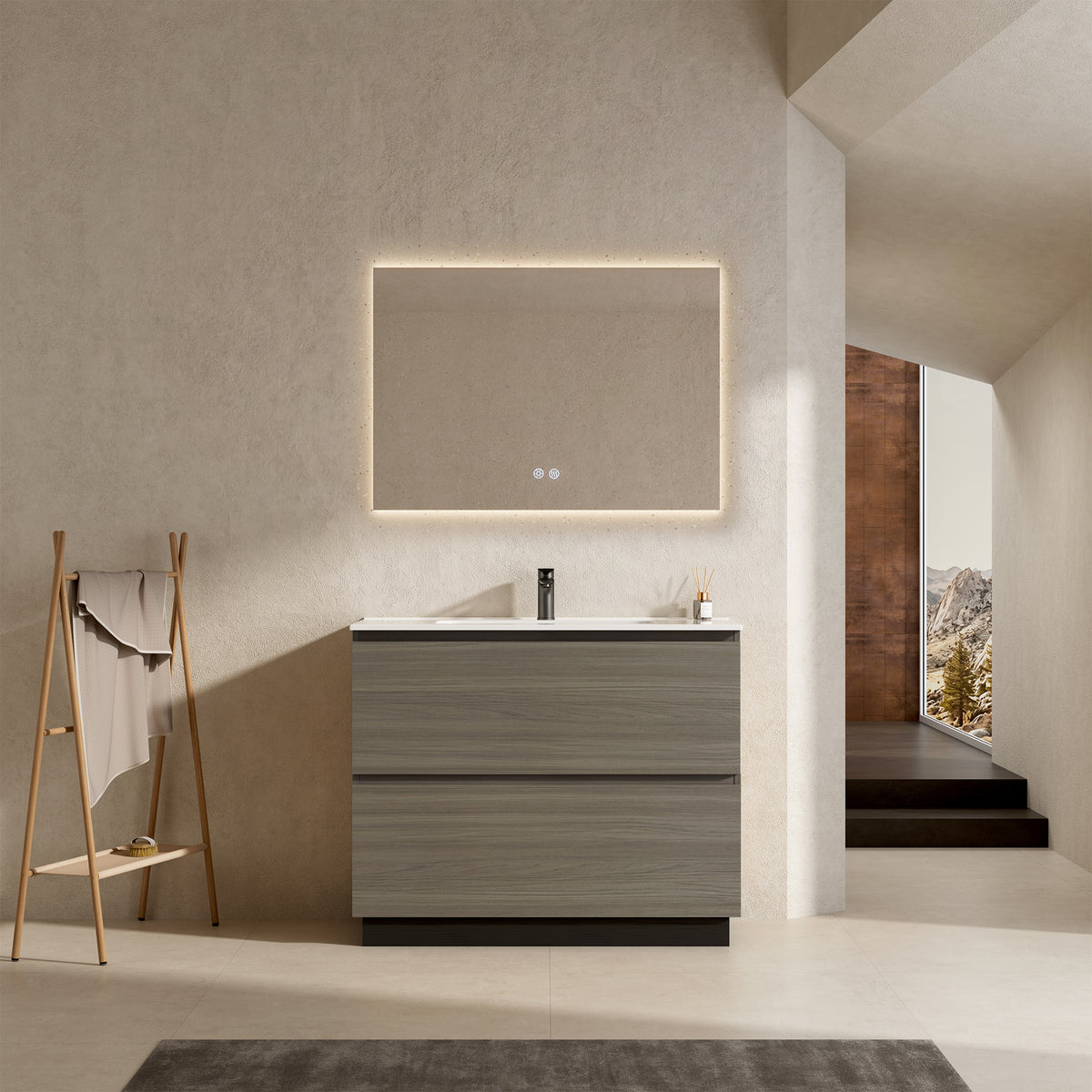 Mobile bagno a Terra 100 cm Beige Lavabo in Ceramica Specchio Quadro Retroilluminato - Nube Wood