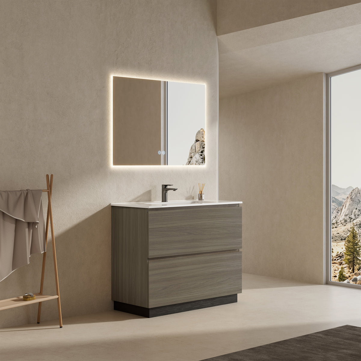 Mobile bagno a Terra 100 cm Beige Lavabo in Ceramica Specchio Quadro Retroilluminato - Nube Wood