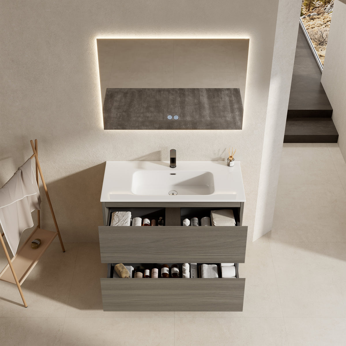 Mobile bagno a Terra 100 cm Beige Lavabo in Ceramica Specchio Quadro Retroilluminato - Nube Wood