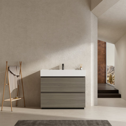 Mobile bagno a Terra 100 cm Beige Lavabo in Resina Senza Specchio - Nube Wood