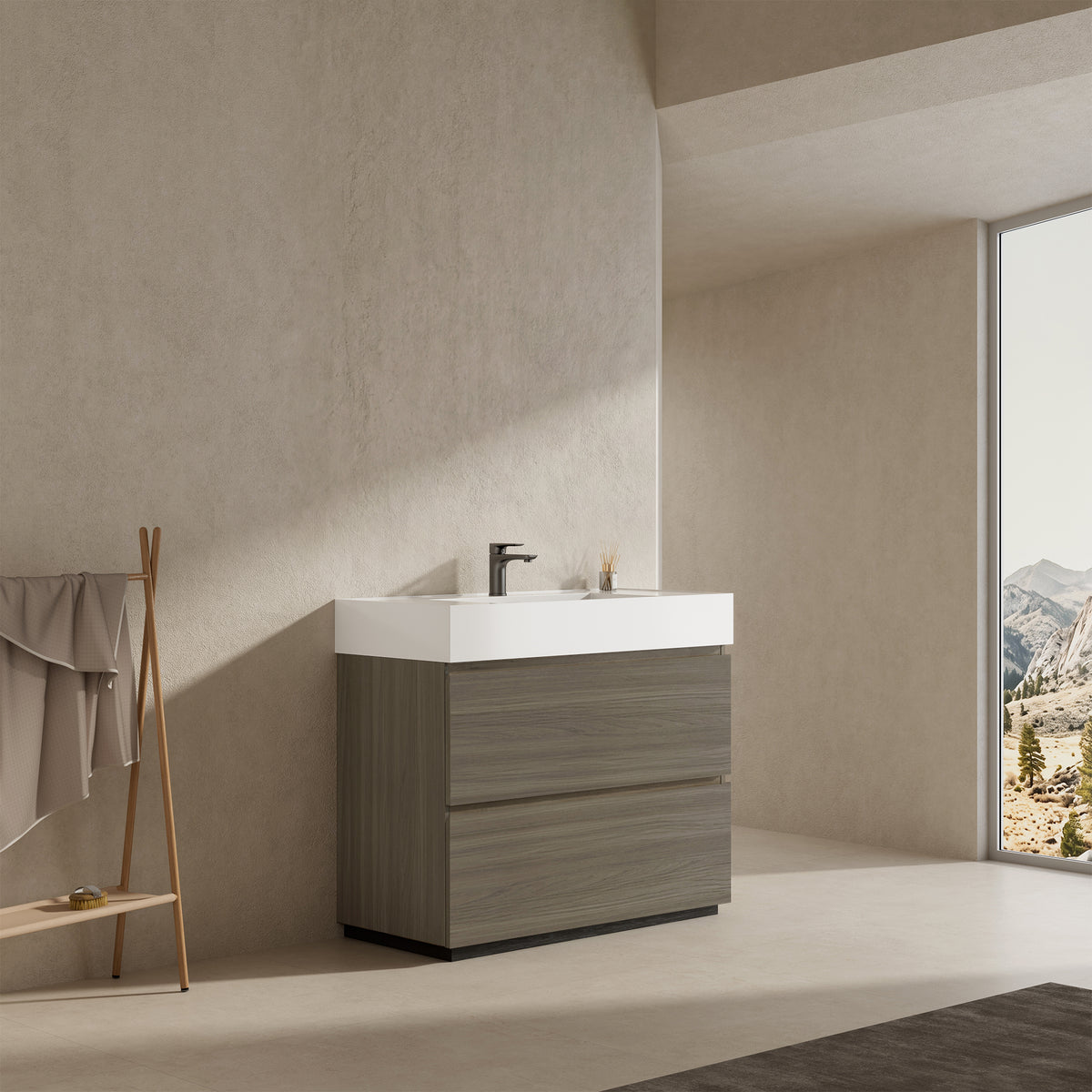 Mobile bagno a Terra 100 cm Beige Lavabo in Resina Senza Specchio - Nube Wood