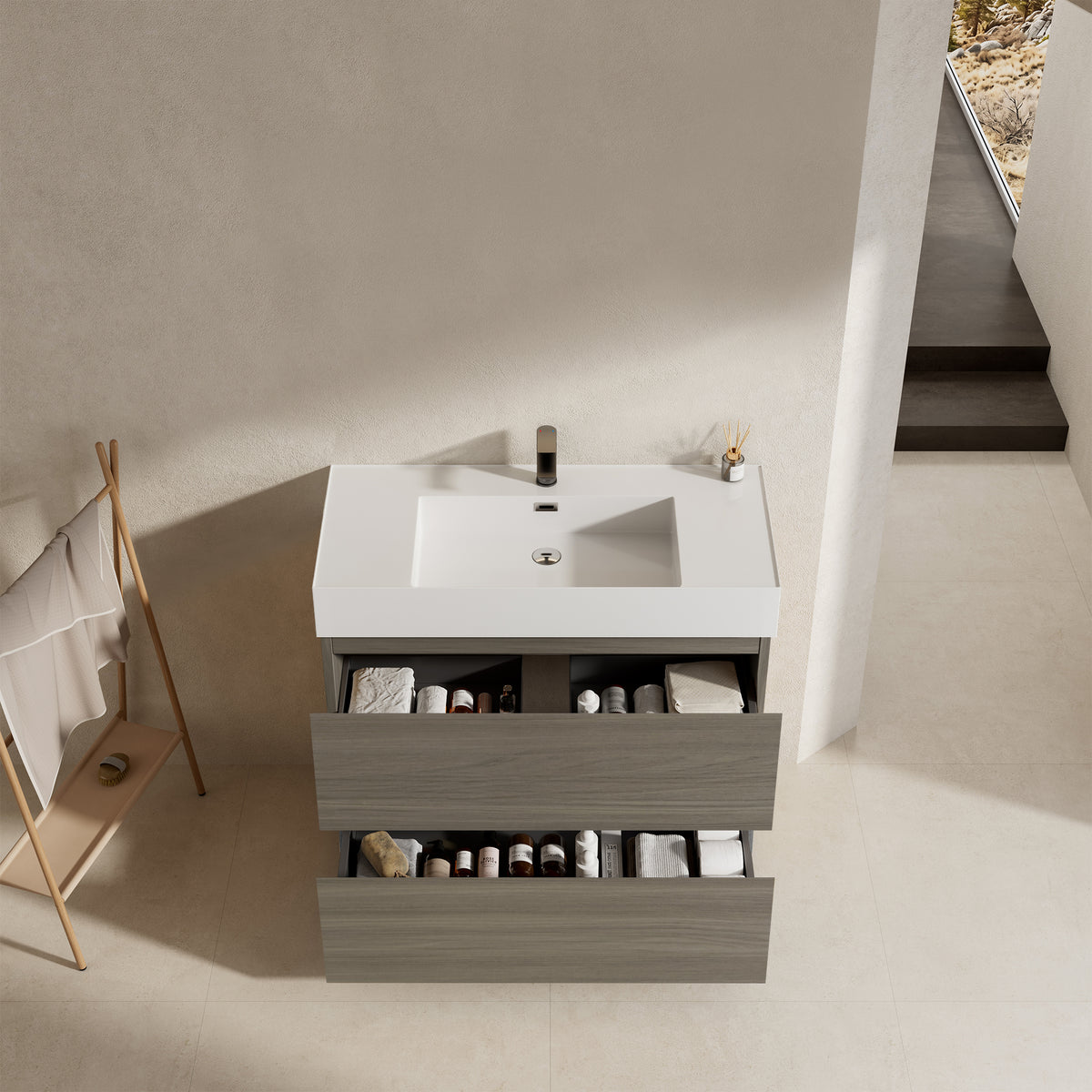 Mobile bagno a Terra 100 cm Beige Lavabo in Resina Senza Specchio - Nube Wood