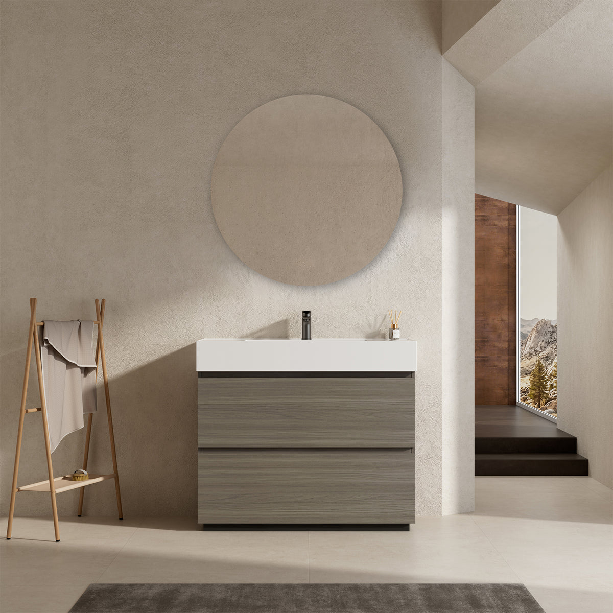 Mobile bagno a Terra 100 cm Beige Lavabo in Resina Specchio Tondo - Nube Wood