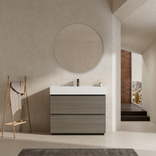 Mobile bagno a Terra 100 cm Beige Lavabo in Resina Specchio Tondo - Nube Wood