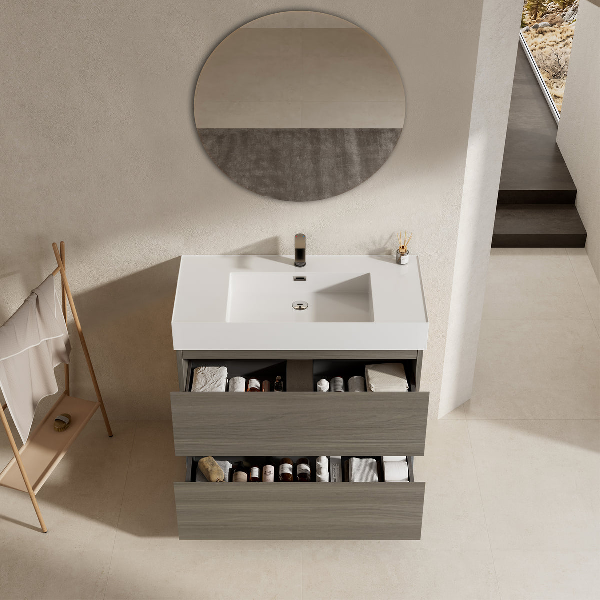 Mobile bagno a Terra 100 cm Beige Lavabo in Resina Specchio Tondo - Nube Wood