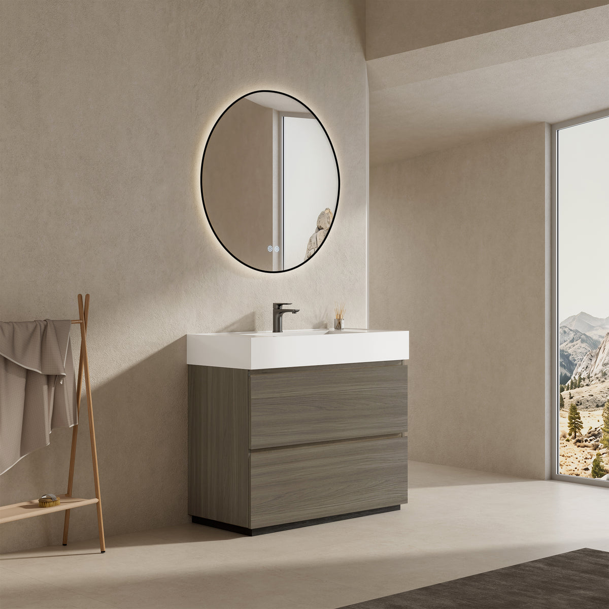 Mobile bagno a Terra 100 cm Beige Lavabo in Resina Specchio Tondo Retroilluminato Profilo Nero - Nube Wood