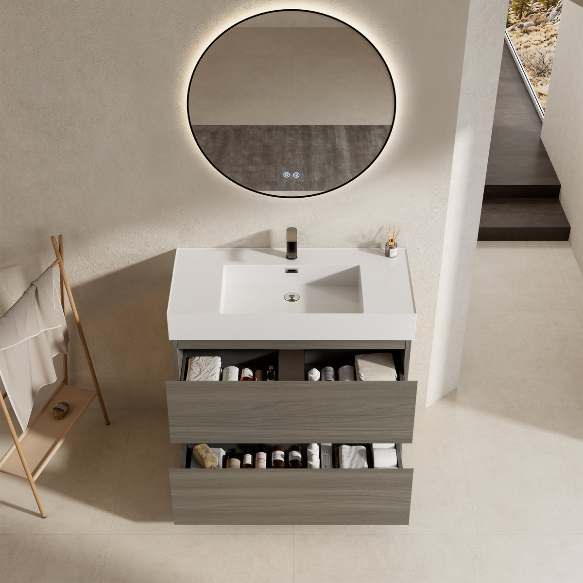 Mobile bagno a Terra 100 cm Beige Lavabo in Resina Specchio Tondo Retroilluminato Profilo Nero - Nube Wood