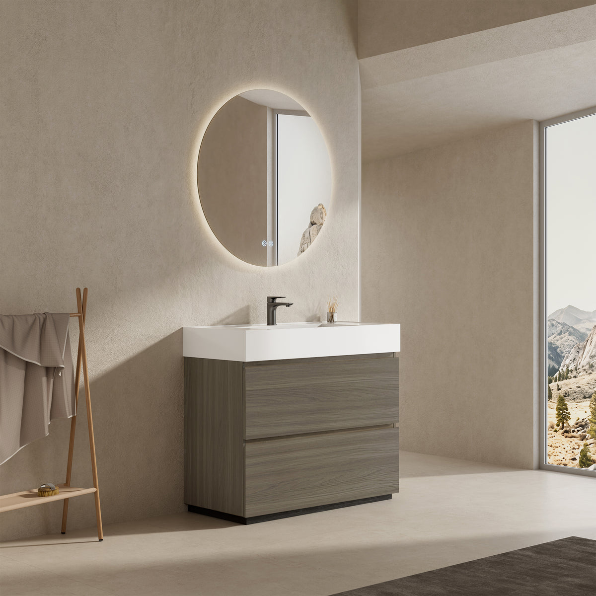 Mobile bagno a Terra 100 cm Beige Lavabo in Resina Specchio Quadro - Nube Wood