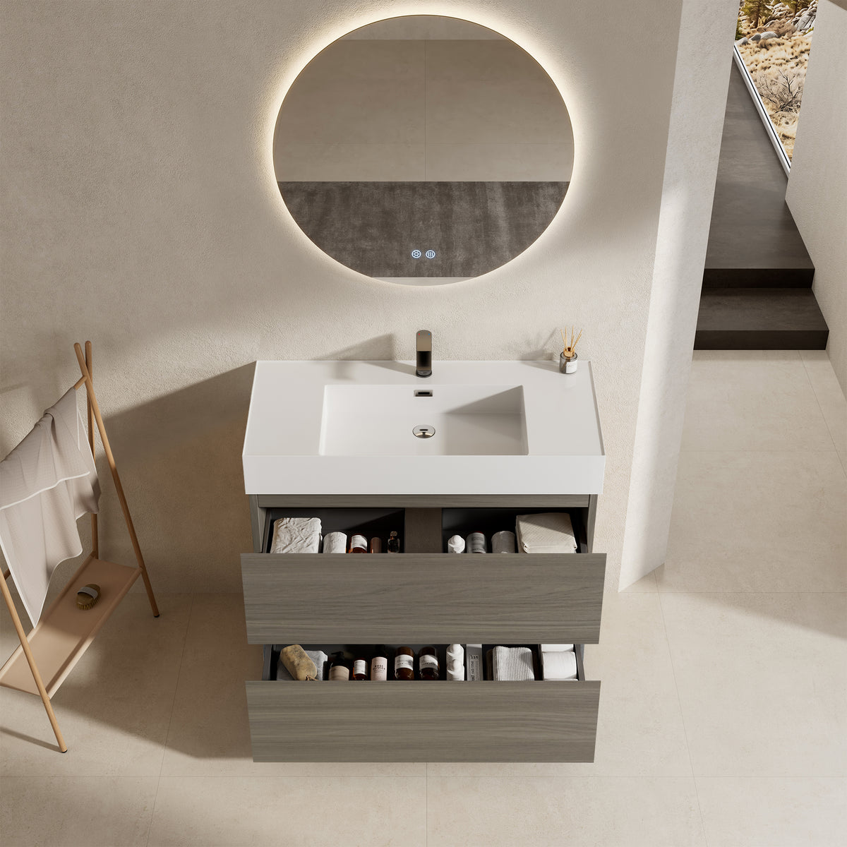Mobile bagno a Terra 100 cm Beige Lavabo in Resina Specchio Quadro - Nube Wood