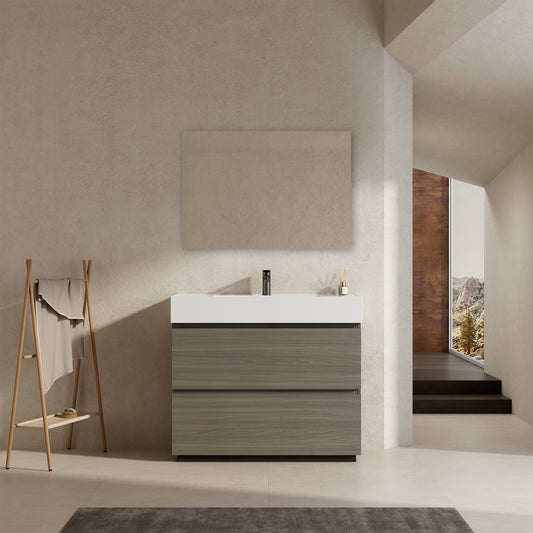 Mobile bagno a Terra 100 cm Beige Lavabo in Resina Specchio Tondo Retroilluminato - Nube Wood