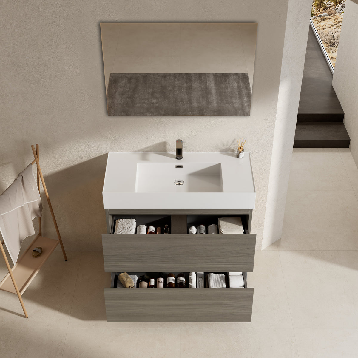 Mobile bagno a Terra 80 cm Beige Lavabo in Resina Specchio Tondo Retroilluminato - Nube Wood