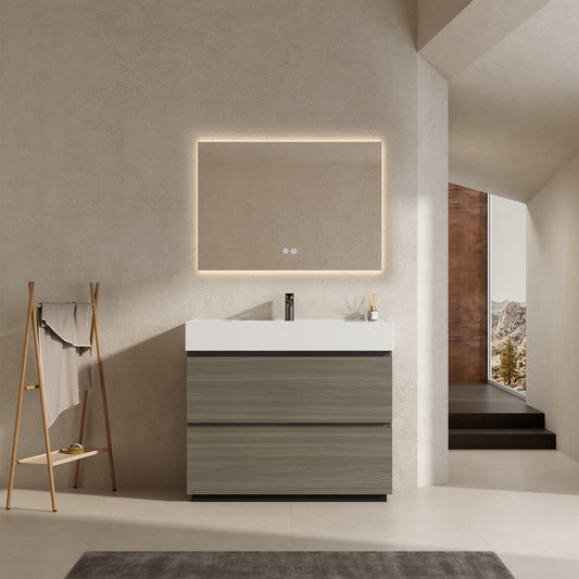 Mobile bagno a Terra 100 cm Beige Lavabo in Resina Specchio Quadro Retroilluminato - Nube Wood
