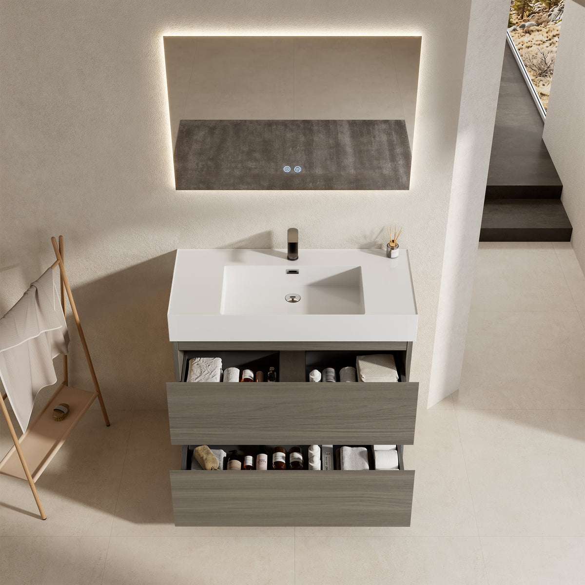 Mobile bagno a Terra 100 cm Beige Lavabo in Resina Specchio Quadro Retroilluminato - Nube Wood
