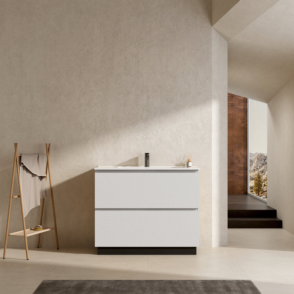 Mobile bagno a Terra 100 cm Bianco Lavabo in Ceramica Senza Specchio - Nube Wood
