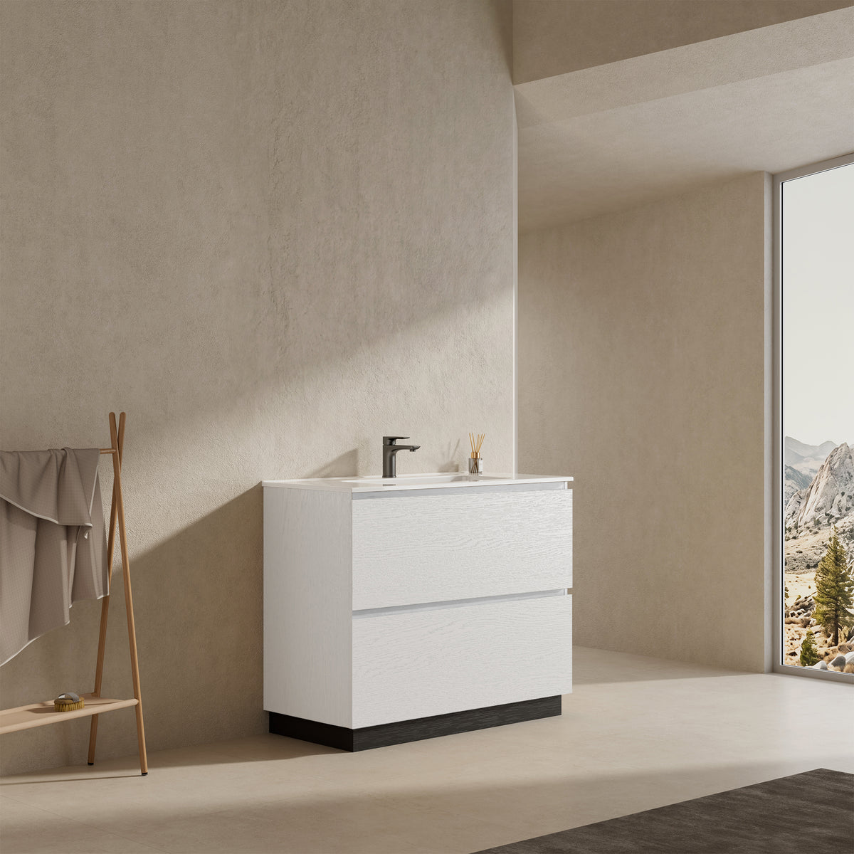 Mobile bagno a Terra 100 cm Bianco Lavabo in Ceramica Senza Specchio - Nube Wood