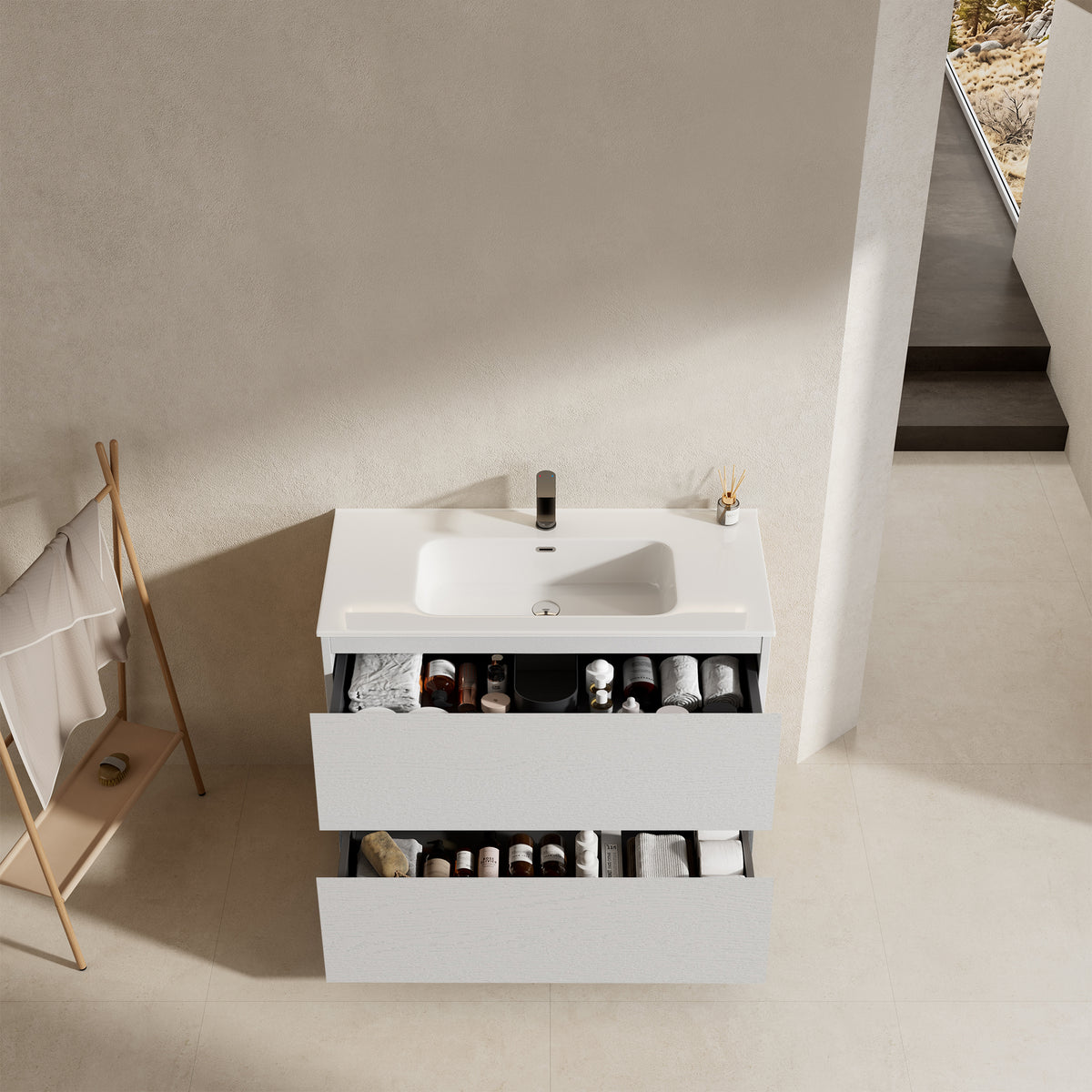 Mobile bagno a Terra 100 cm Bianco Lavabo in Ceramica Senza Specchio - Nube Wood