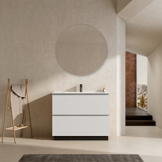 Mobile bagno a Terra 100 cm Bianco Lavabo in Ceramica Specchio Tondo - Nube Wood