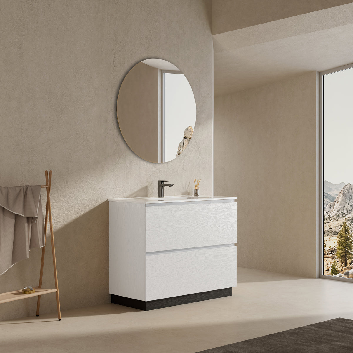Mobile bagno a Terra 80 cm Bianco Lavabo in Ceramica Specchio Tondo - Nube Wood