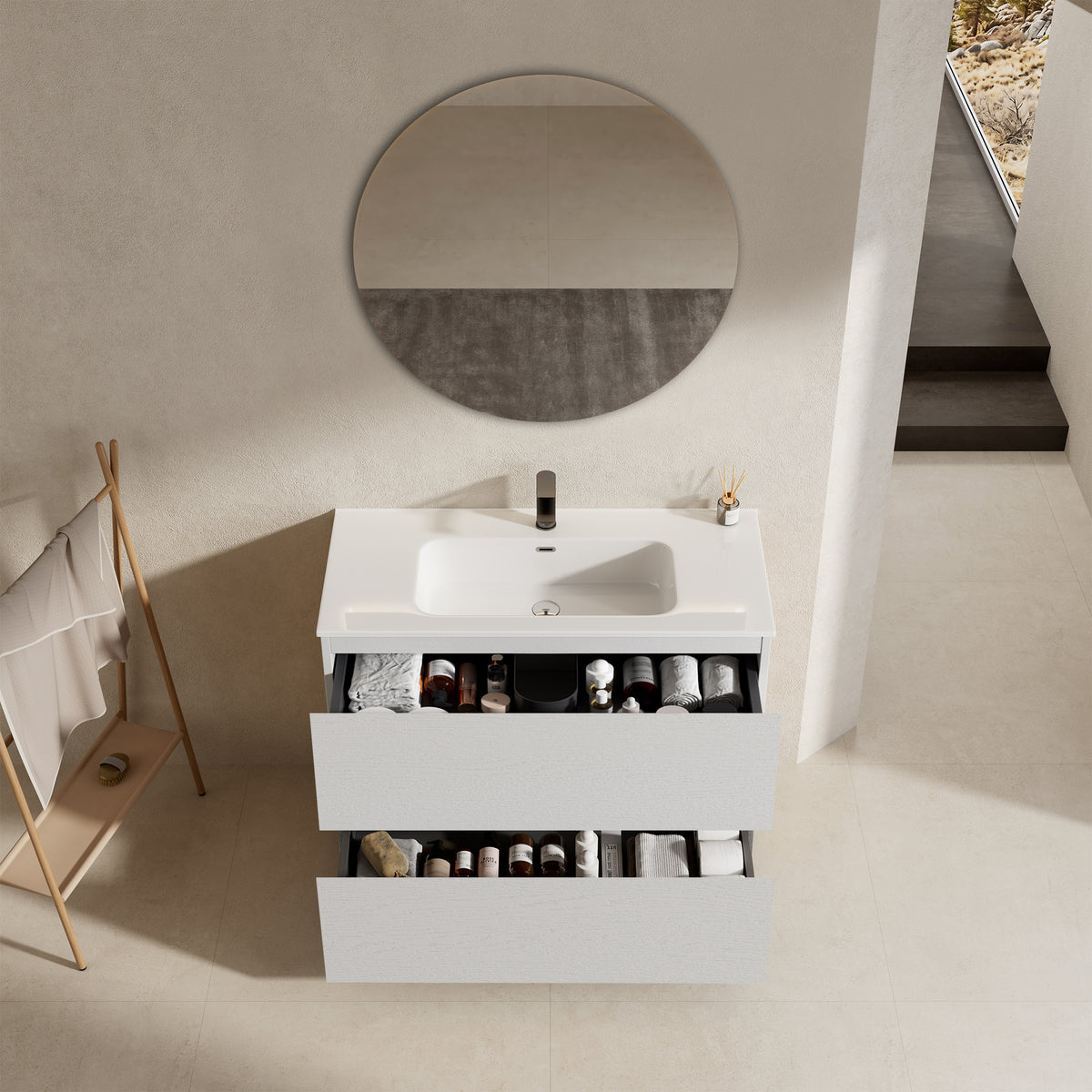 Mobile bagno a Terra 80 cm Bianco Lavabo in Ceramica Specchio Tondo - Nube Wood