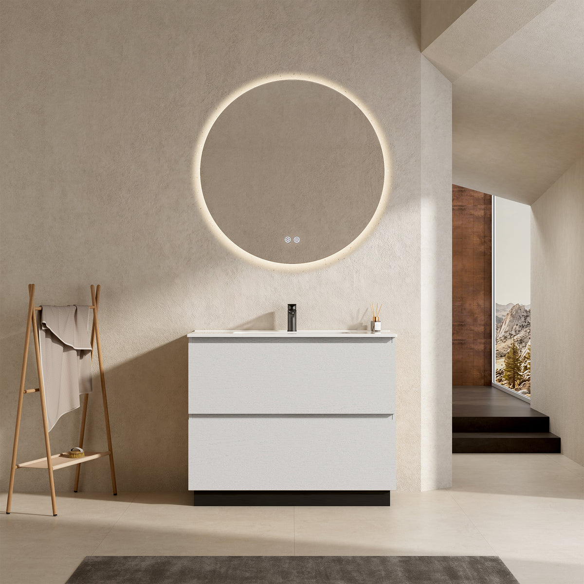 Mobile bagno a Terra 100 cm Bianco Lavabo in Ceramica Specchio Quadro - Nube Wood