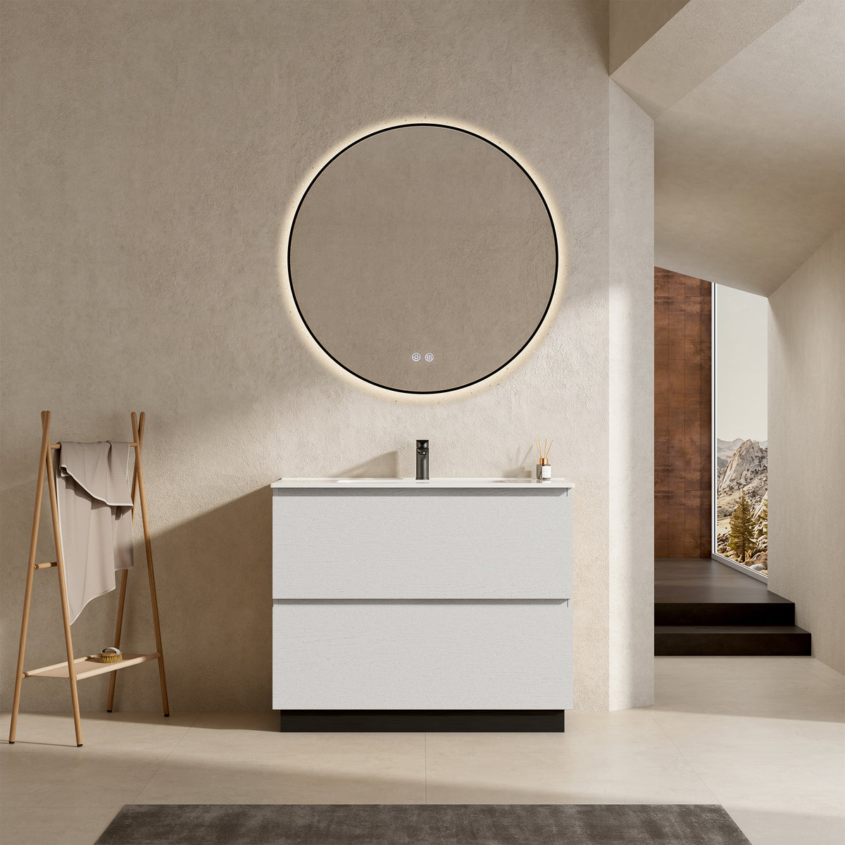 Mobile bagno a Terra 80 cm Bianco Lavabo in Ceramica Specchio Tondo Retroilluminato Profilo Nero - Nube Wood