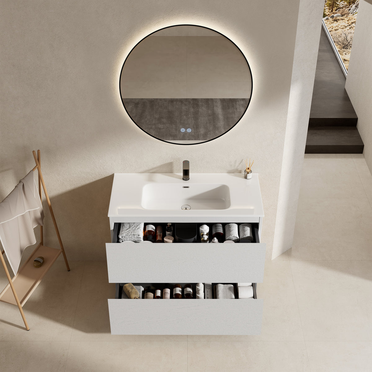 Mobile bagno a Terra 80 cm Bianco Lavabo in Ceramica Specchio Tondo Retroilluminato Profilo Nero - Nube Wood