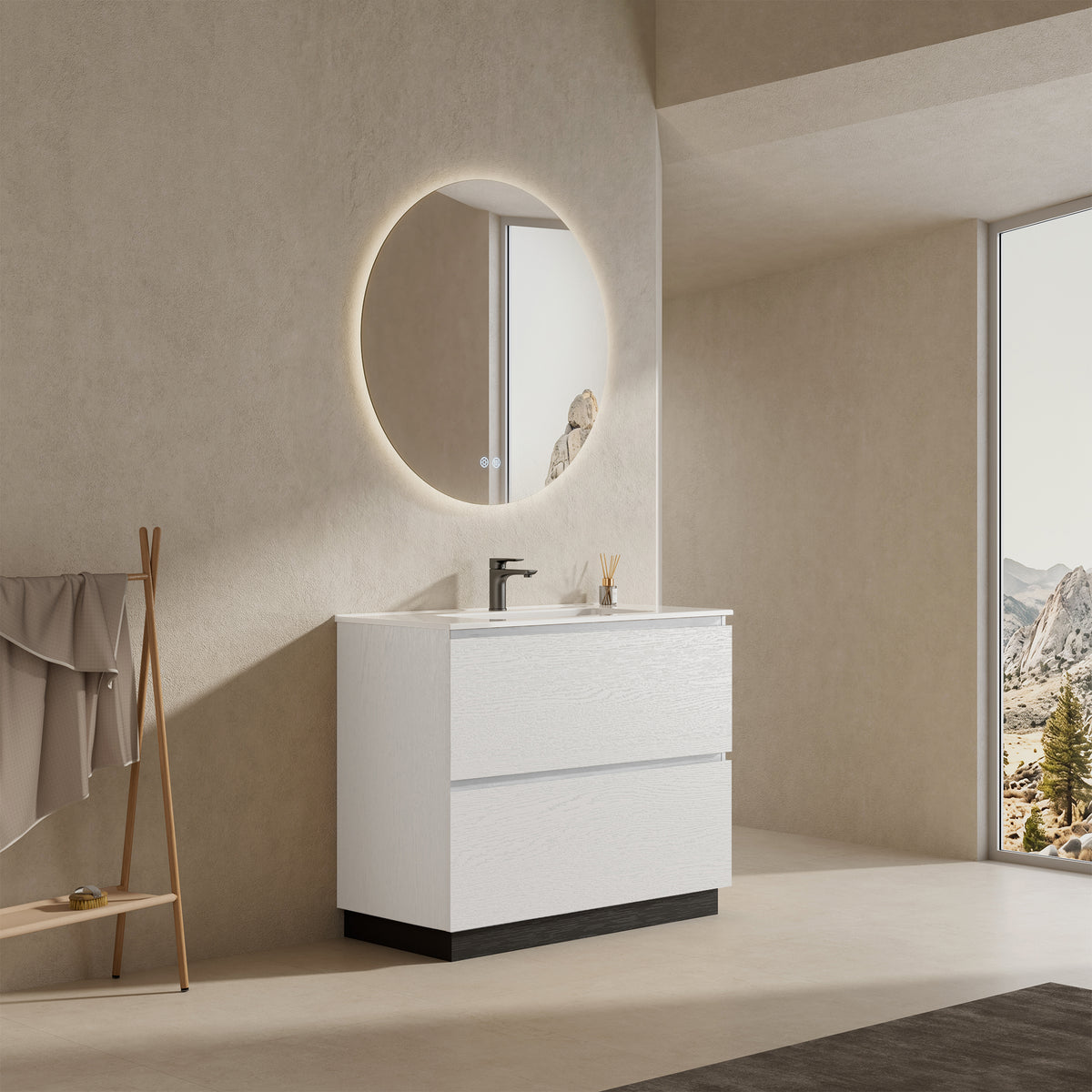 Mobile bagno a Terra 100 cm Bianco Lavabo in Ceramica Specchio Quadro - Nube Wood