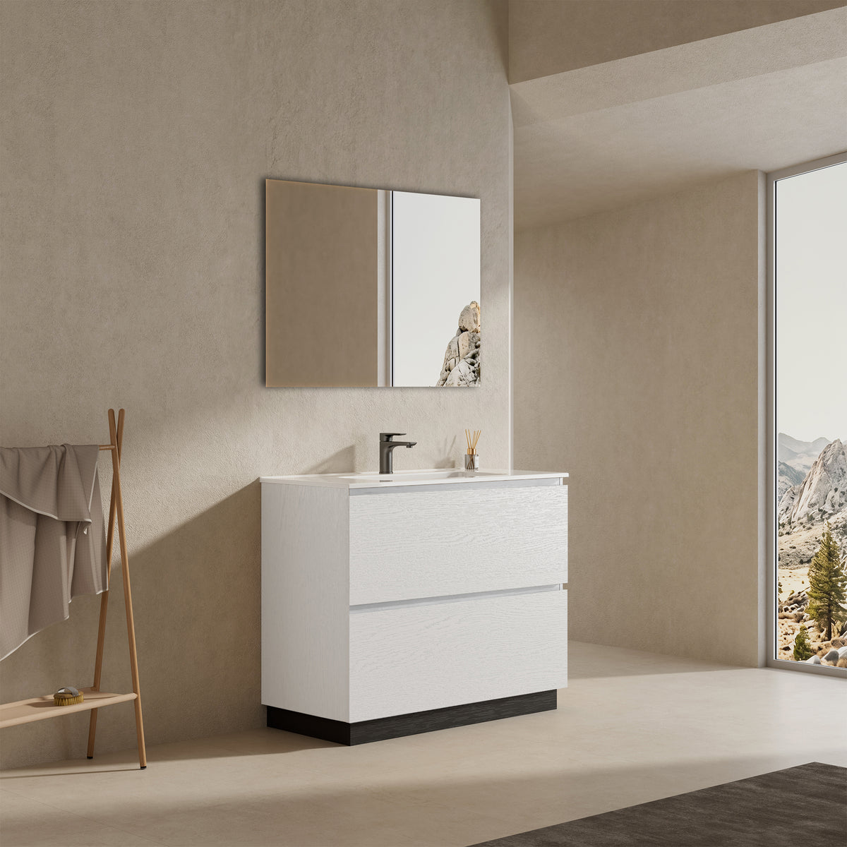 Mobile bagno a Terra 80 cm Bianco Lavabo in Ceramica Specchio Tondo Retroilluminato - Nube Wood