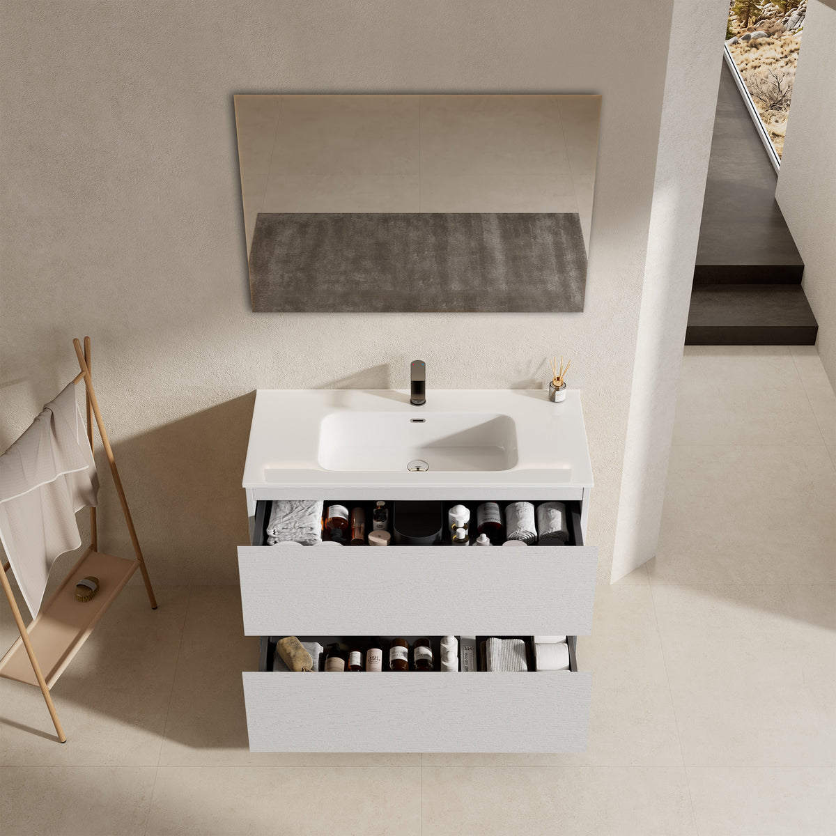 Mobile bagno a Terra 80 cm Bianco Lavabo in Ceramica Specchio Tondo Retroilluminato - Nube Wood