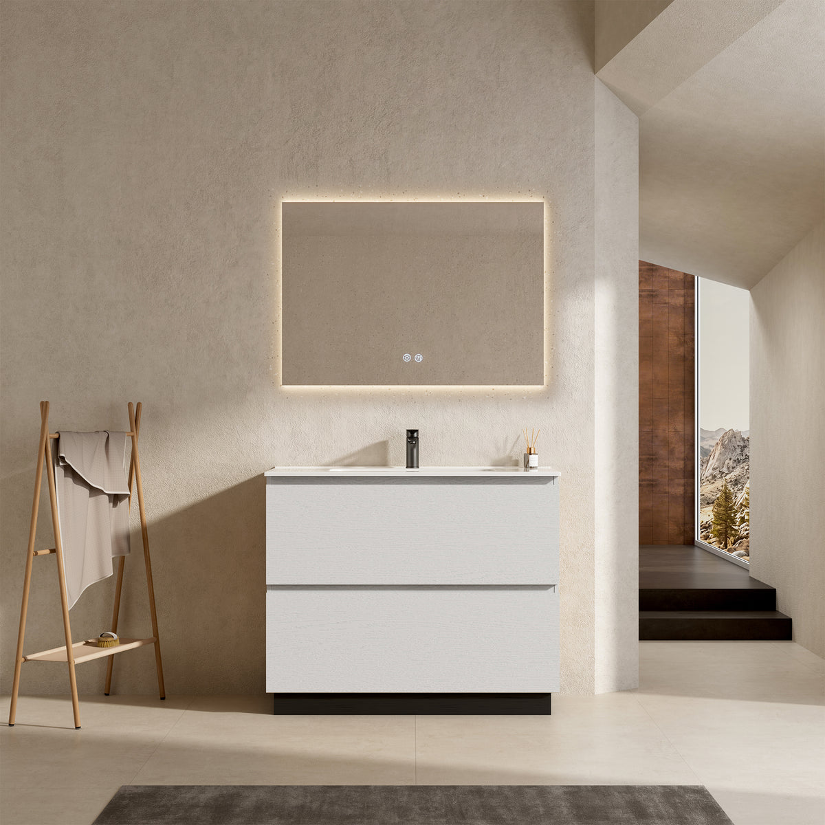 Mobile bagno a Terra 80 cm Bianco Lavabo in Ceramica Specchio Quadro Retroilluminato - Nube Wood
