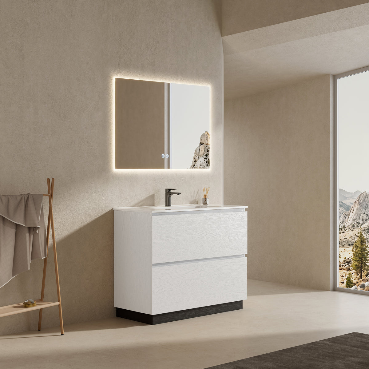 Mobile bagno a Terra 80 cm Bianco Lavabo in Ceramica Specchio Quadro Retroilluminato - Nube Wood
