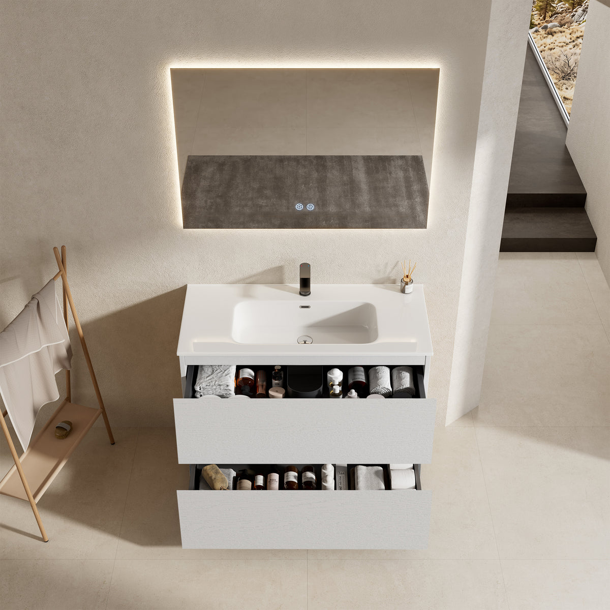 Mobile bagno a Terra 80 cm Bianco Lavabo in Ceramica Specchio Quadro Retroilluminato - Nube Wood