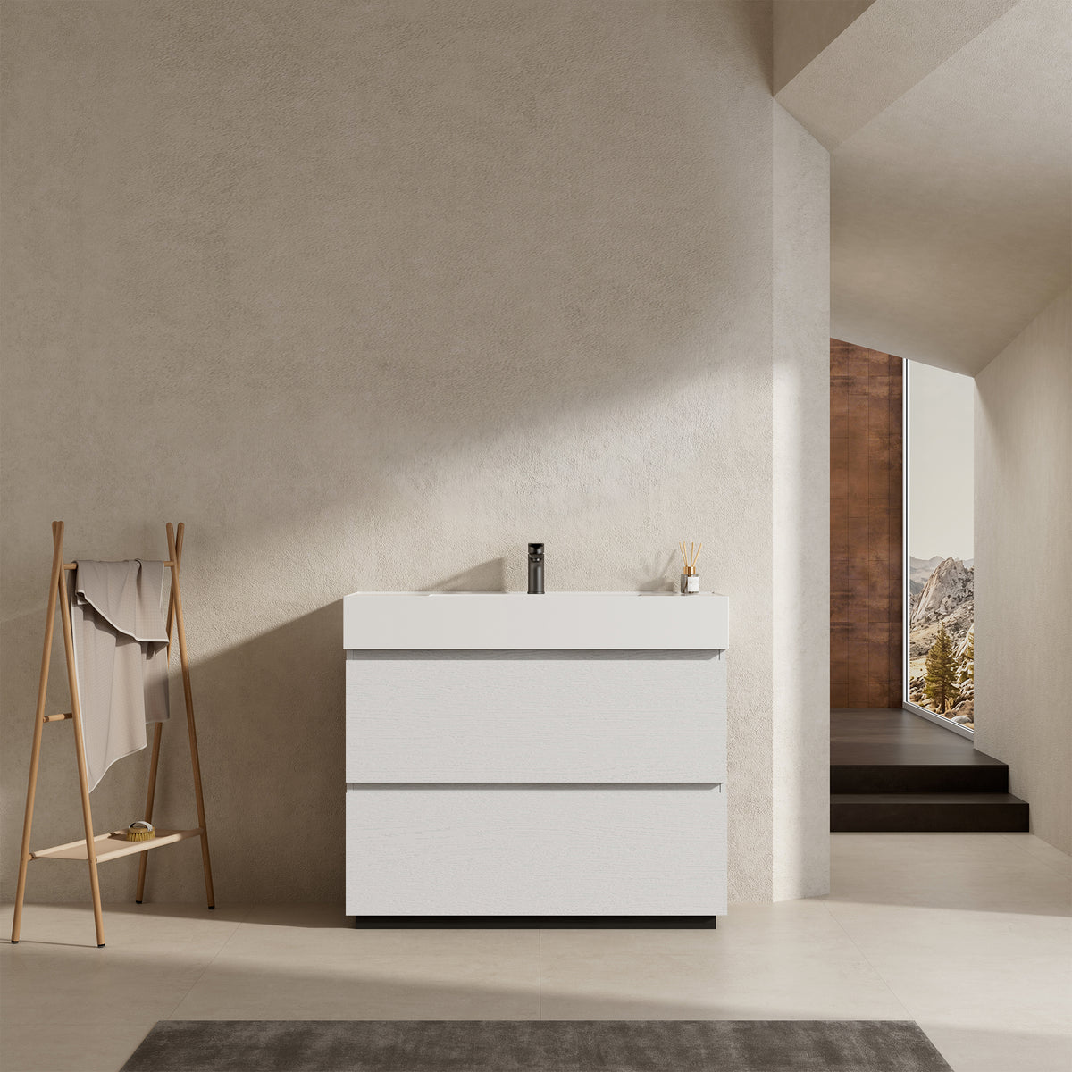 Mobile bagno a Terra 100 cm Bianco Lavabo in Resina Senza Specchio - Nube Wood