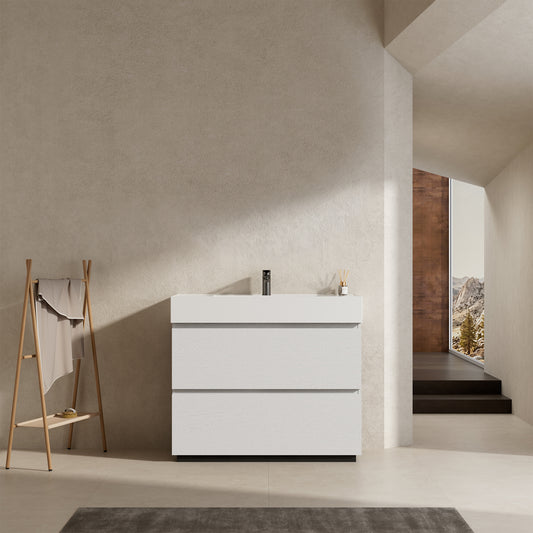 Mobile bagno a Terra 100 cm Bianco Lavabo in Resina Senza Specchio - Nube Wood