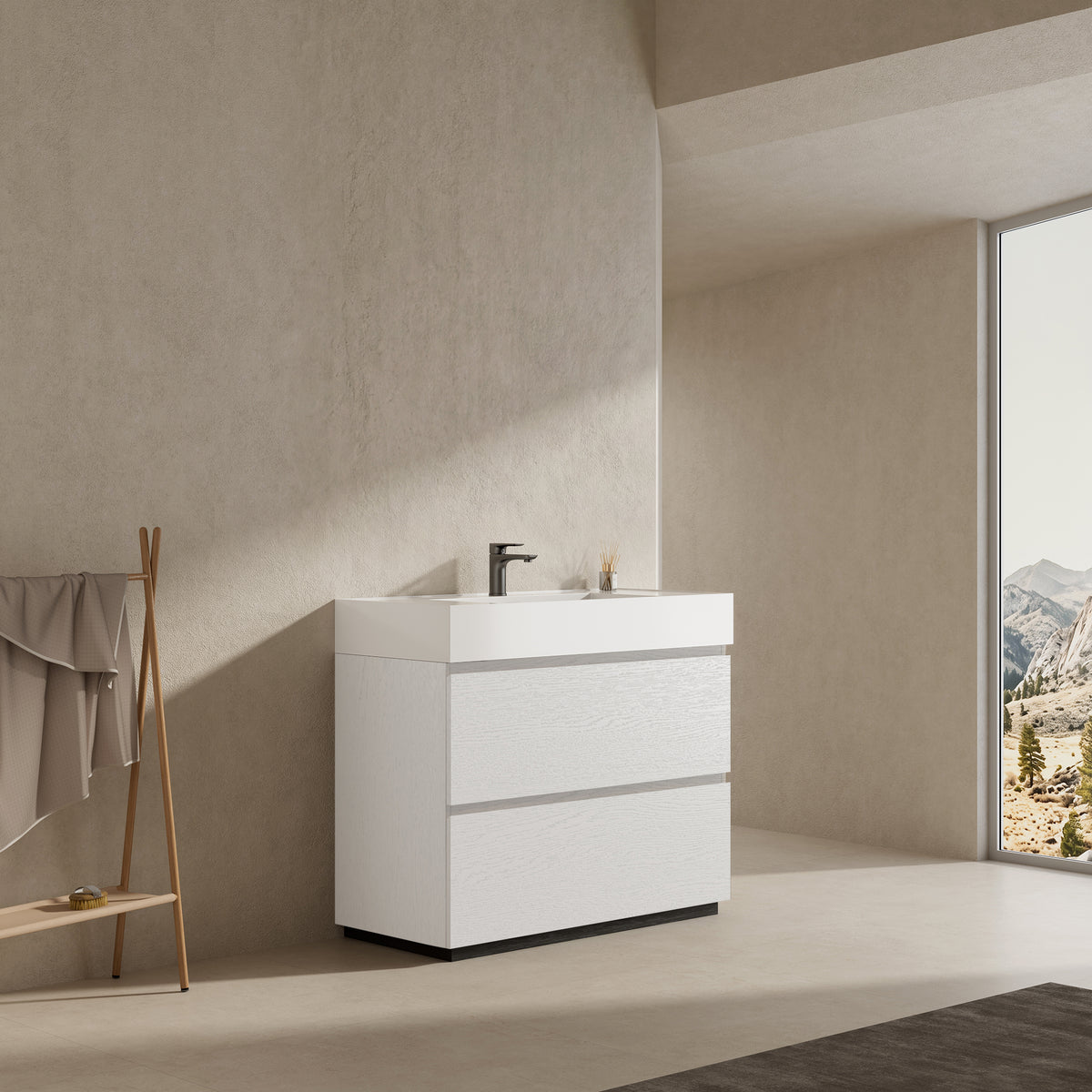 Mobile bagno a Terra 100 cm Bianco Lavabo in Resina Senza Specchio - Nube Wood