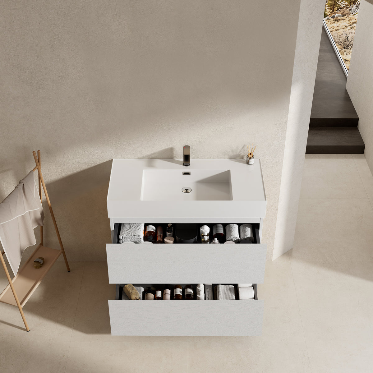 Mobile bagno a Terra 100 cm Bianco Lavabo in Resina Senza Specchio - Nube Wood