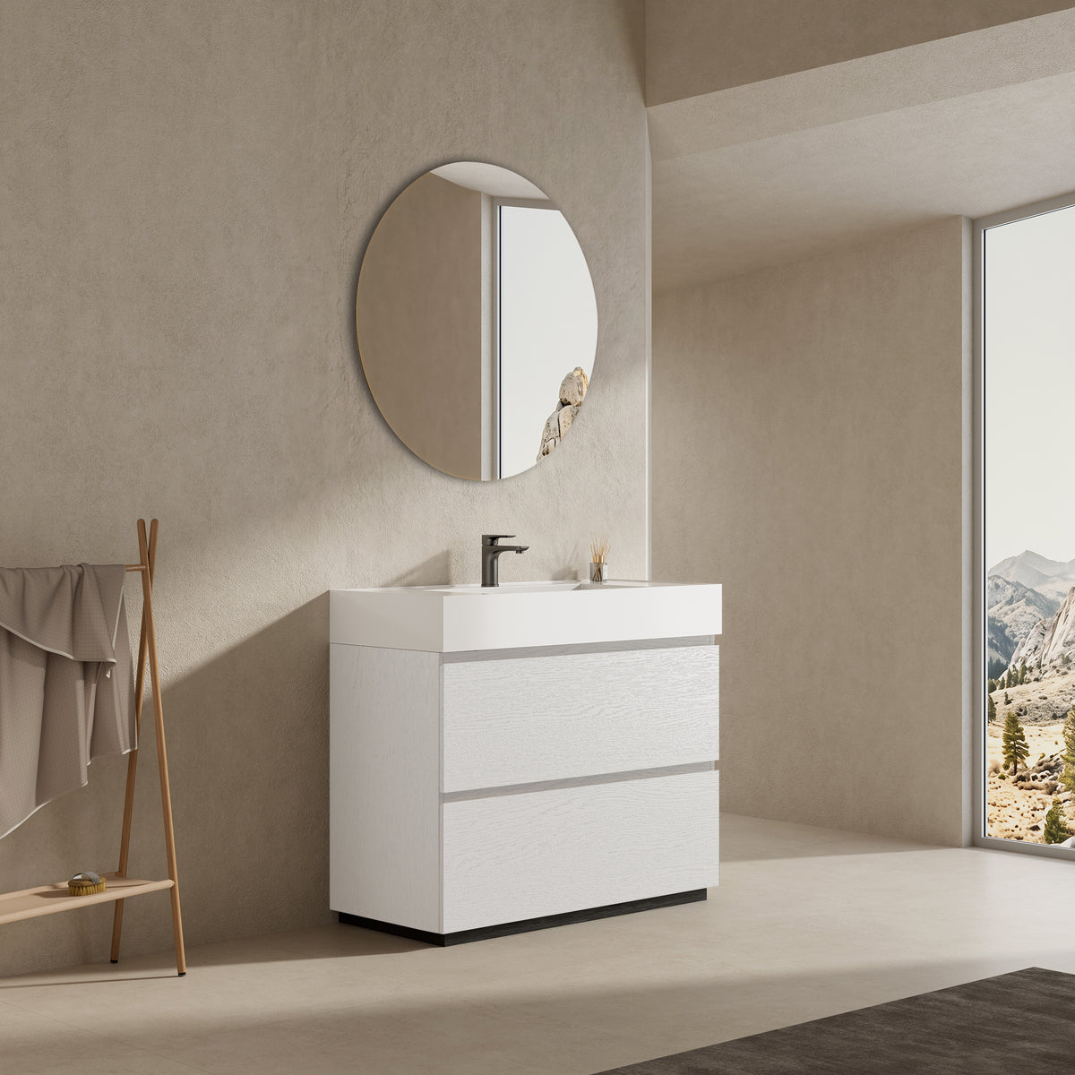 Mobile bagno a Terra 100 cm Bianco Lavabo in Resina Specchio Tondo - Nube Wood