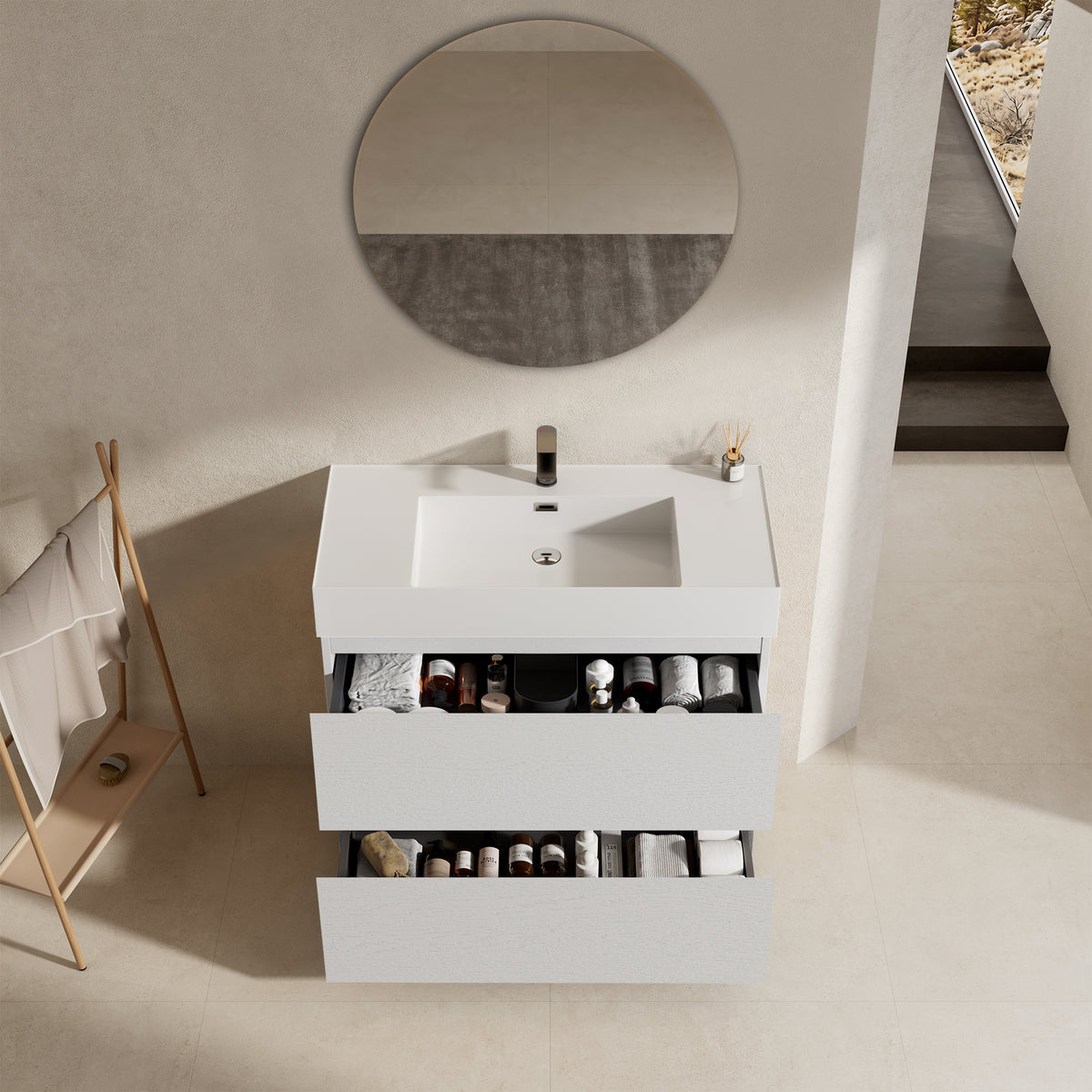Mobile bagno a Terra 100 cm Bianco Lavabo in Resina Specchio Tondo - Nube Wood