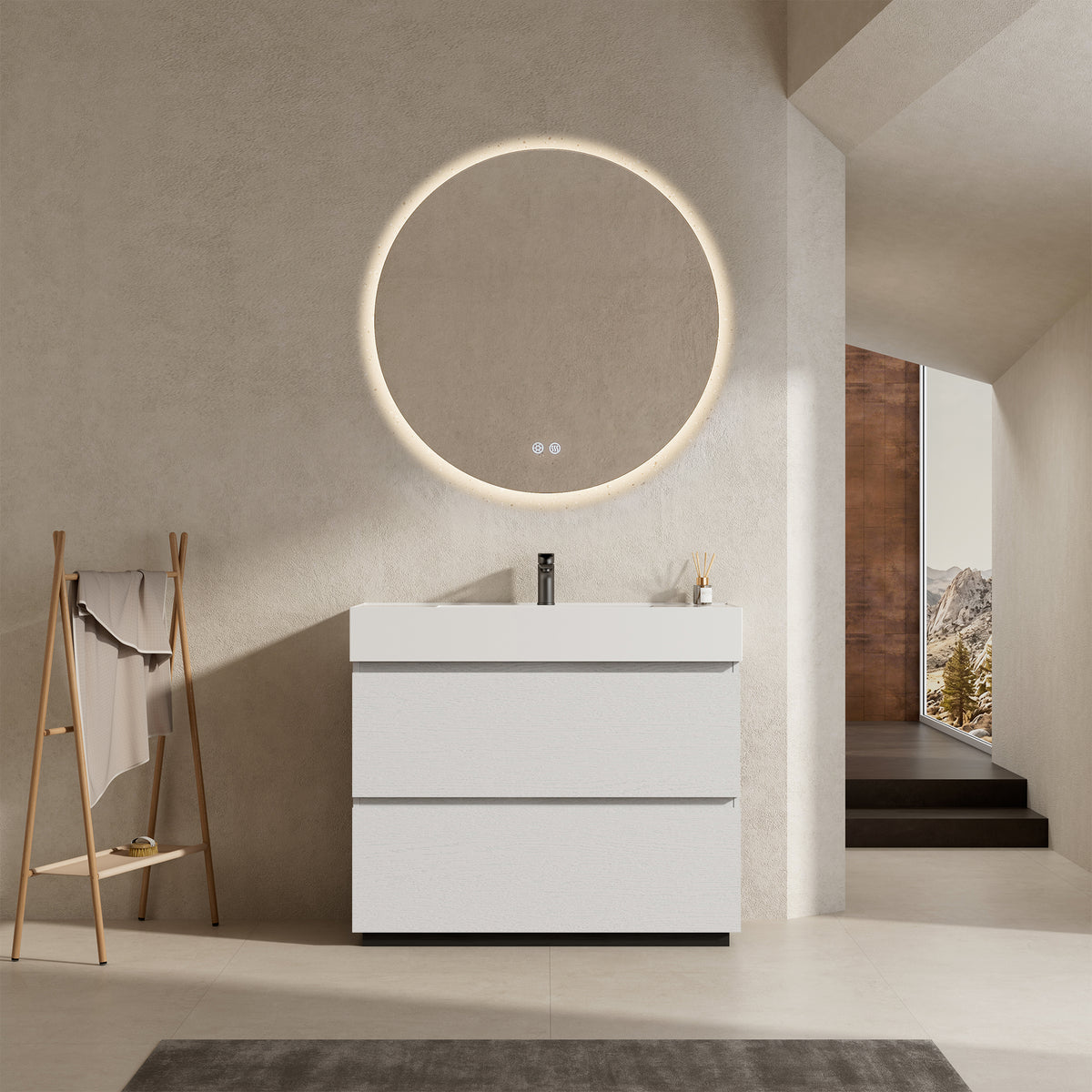 Mobile bagno a Terra 100 cm Bianco Lavabo in Resina Specchio Quadro - Nube Wood