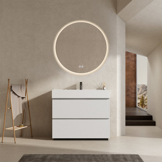 Mobile bagno a Terra 100 cm Bianco Lavabo in Resina Specchio Quadro - Nube Wood