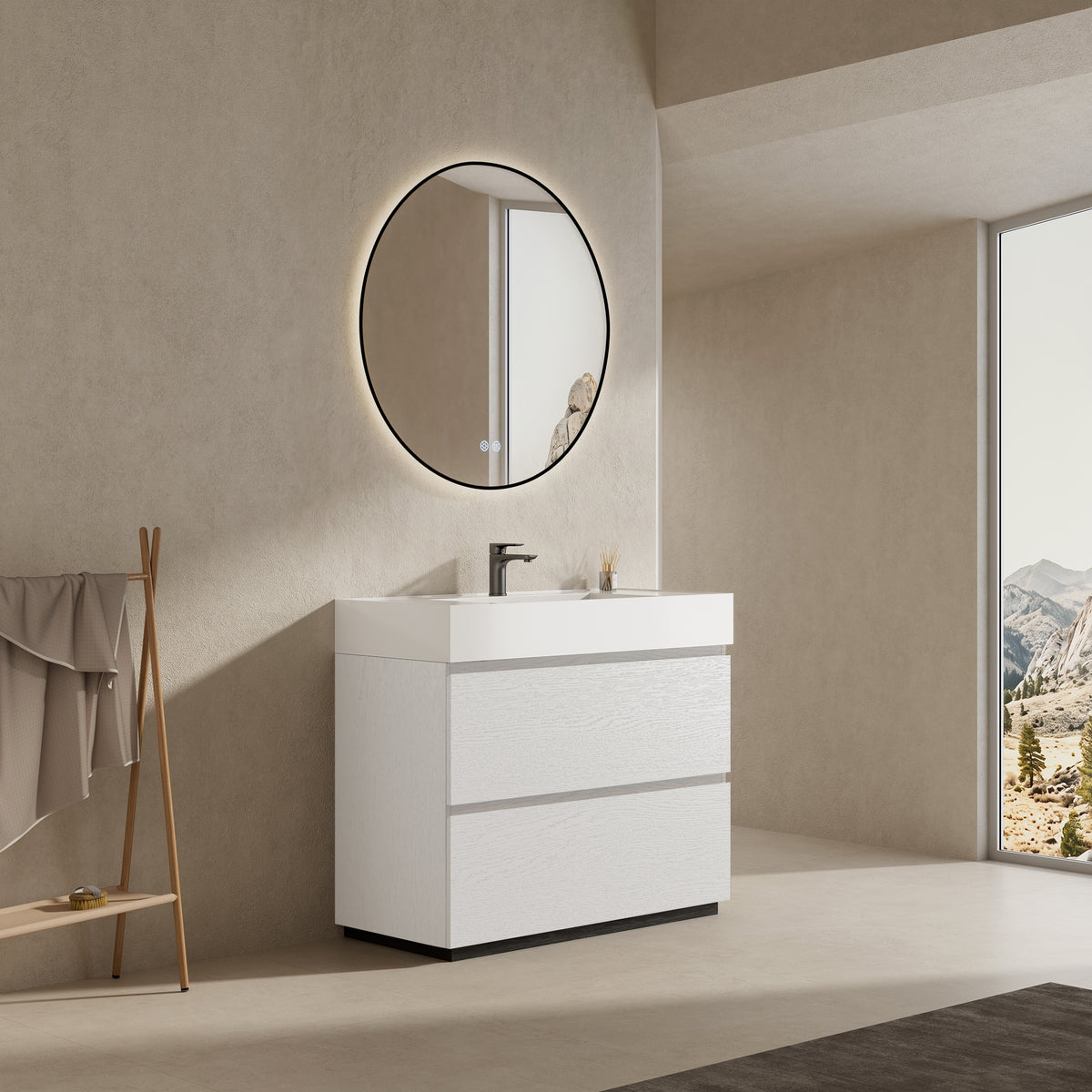 Mobile bagno a Terra 100 cm Bianco Lavabo in Resina Specchio Tondo Retroilluminato Profilo Nero - Nube Wood