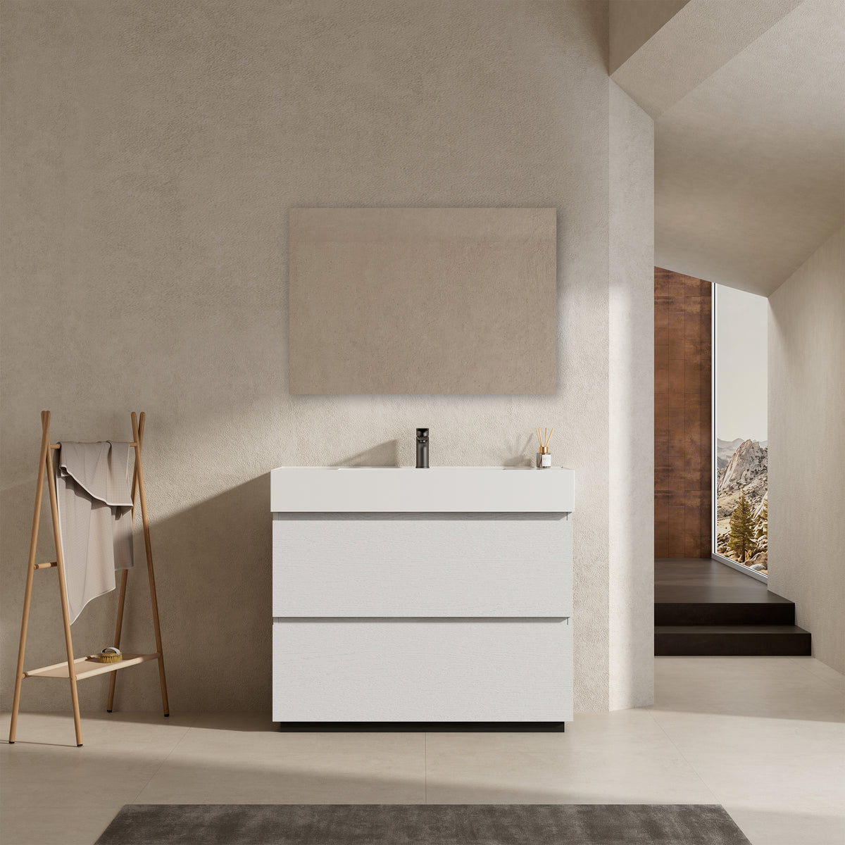 Mobile bagno a Terra 100 cm Bianco Lavabo in Resina Specchio Tondo Retroilluminato - Nube Wood