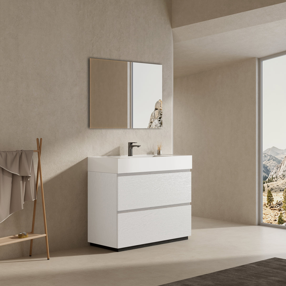 Mobile bagno a Terra 100 cm Bianco Lavabo in Resina Specchio Tondo Retroilluminato - Nube Wood