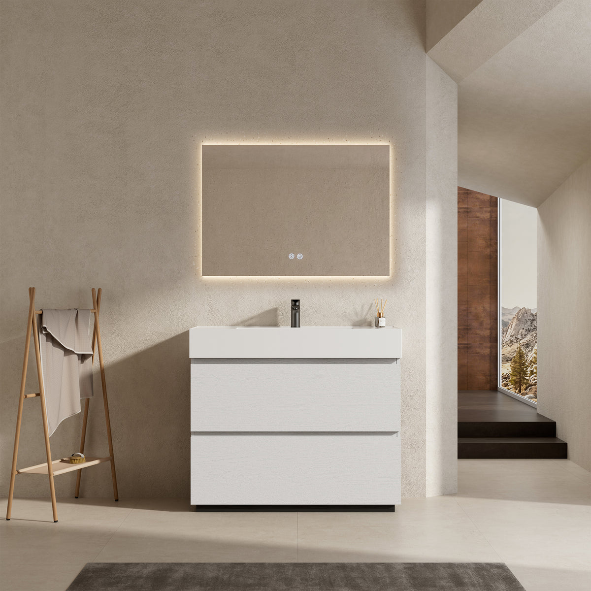 Mobile bagno a Terra 100 cm Bianco Lavabo in Resina Specchio Quadro Retroilluminato - Nube Wood